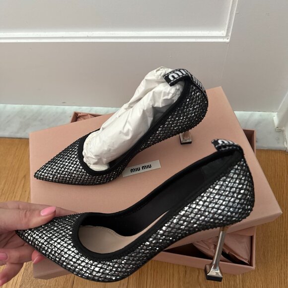 NWT Miu Miu Pointed Toe Pumps Black Mesh Silver Glitter High Heels 35.5 - Picture 7 of 12